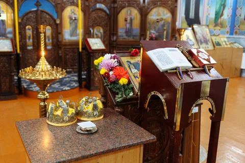 High table with a sloping top for liturgical books in an Orthodox Church. Cro Stock Photos