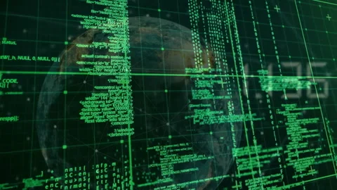 High-tech 3D HUD presenting semi-transparent globe and green code streams with Stock Footage 307885022