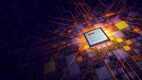 A high-tech 3d illustration of a square CPU microprocessor with plasma discha Stock Illustration