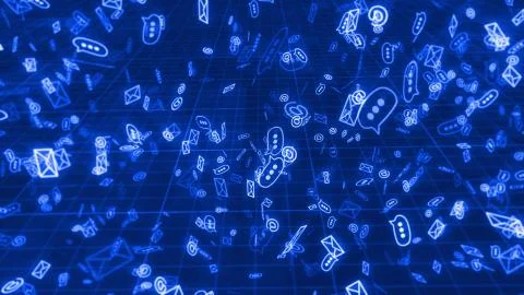 A high tech 3d illustration of tumbling in chaos and disorder emails, at sign Stock Illustration