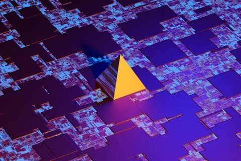 High tech abstract rendering - Pyramid over motherboard background. 3d Rendering Stock Illustration