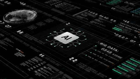 High-tech AI interface with digital circuit, data streams, and analytics Video stock 313169019