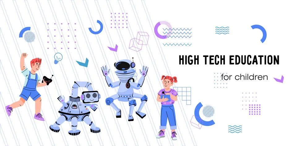 High Tech and Robotics website with school children programming robots, vecto Stock Illustration
