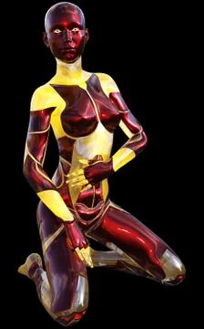 High Tech Android Female Red Yellow Modern AI 3D Illustration Stock Illustration