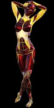 High Tech Android Female Red Yellow Modern AI 3D Illustration Stock Illustration