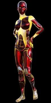High Tech Android Female Red Yellow Modern AI 3D Illustration Stock Illustration