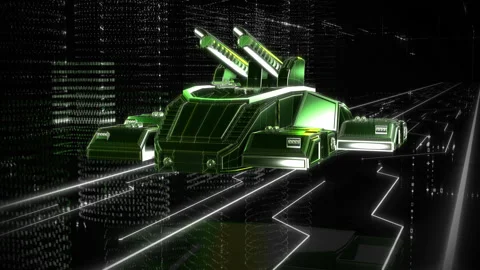 A high tech army vehicle is carrying laser weapons through digital cyberspace Stock Footage 168729074
