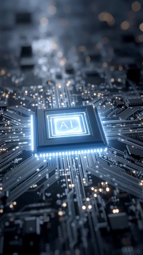 High-Tech Artificial Intelligence Processor Chip Surrounded by Glowing Blue Circ Stock Footage 312990963