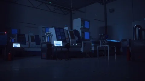 High-Tech Automated Modern Facility working with Artifical Intelligence. Lights Stock Footage 124063767