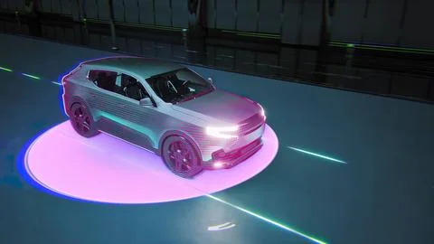 High Tech Autonomous Car Self Driving Using Radar Scanning Environment Emitting 库存插图