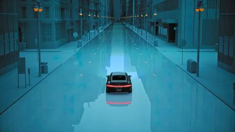 High Tech Autonomous Car Self Driving Using Radar Scanning Environment Emitting Illustrazione stock