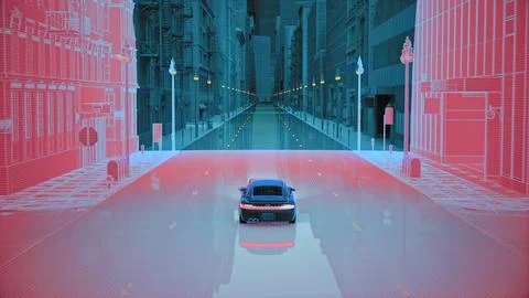 High Tech Autonomous Car Self Driving Using Radar Scanning Environment Emitting Illustrazione stock