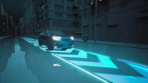 High Tech Autonomous Car Self Driving Using Radar Scanning Environment Emitting Illustrazione stock