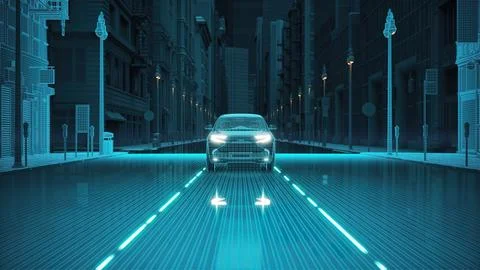High Tech Autonomous Car Self Driving On Highway Emitting Signals Communicating Stock Illustration