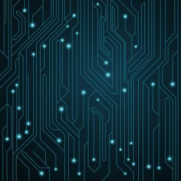 High-tech background. Motherboard with luminous neon connectors. Computer cir Stock Illustration