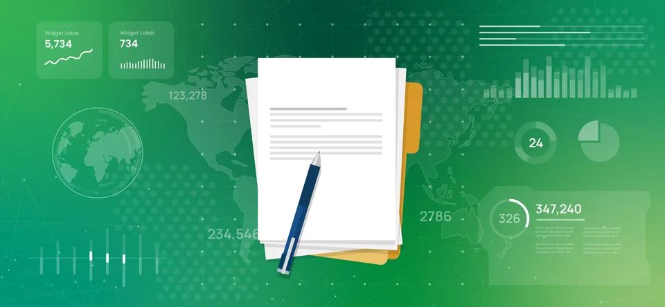 High tech background with world map background featuring a stack of paper Stock Illustration