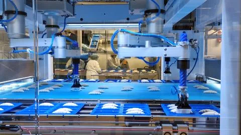 High-tech baking production process at the factory. The factory bought automated Stock Photos