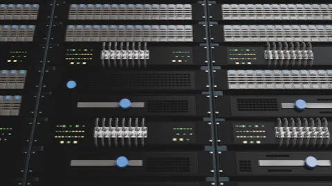 High-tech Black Server Rack With Multiple Lights and Server Units, Data Center Video stock 316891365