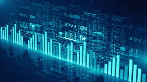 High-tech blue data analytics interface with glowing bar charts, graphs. Stock Footage 307802481