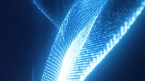 High-tech blue digital mesh forms flowing waves of data points on a dark ba.. Stock-Illustration