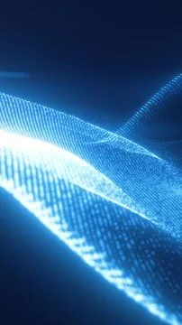 High-tech blue digital mesh forms flowing waves of data points on a dark ba.. Stock-Illustration