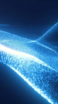 High-tech blue digital mesh forms flowing waves of data points on a dark back Stock Photos