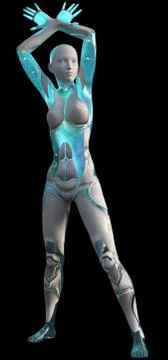 High Tech Blue White Android Beauty Modern AI 3D Illustration 스톡 일러스트