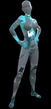 High Tech Blue White Android Beauty Modern AI 3D Illustration Stock Illustration