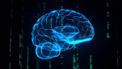 High-tech brain scan visualization combined with glitching matrix code effects o Stock Footage 312631199