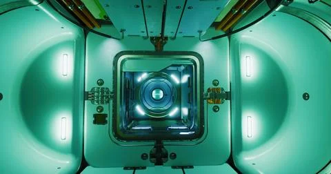 High tech chamber with glowing lights and intricate machinery seen from above Stock Illustration