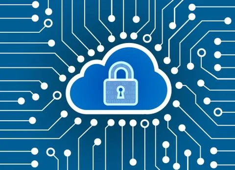 High-Tech Circuit Board and key lock and cloud virtual screen technology back Illustrazione stock