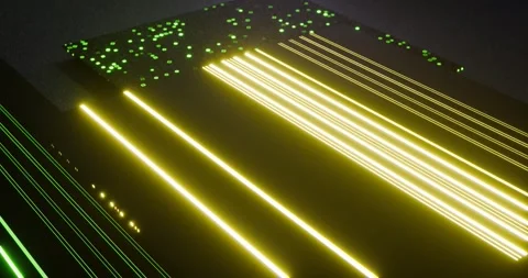 High tech circuit board surface with glowing green and yellow lights Stock Footage 326036189