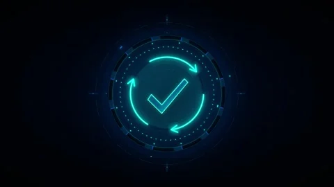 High-tech circular HUD with neon blue checkmark and spinning arrows on blac.. 動画素材 335826503