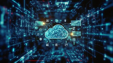 High-tech cloud computing interface with data icons analytics and digital Stock Footage 313169079