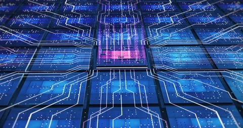 High Tech Computer Chips Processors Transmitting Data. Futuristic Technology. Stock Footage 149897699
