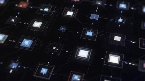 High tech computer circuit board with many signals flowing fast on black Stock Illustration