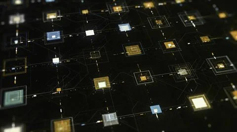 High tech computer circuit board with many signals flowing fast on black Illustrazione stock