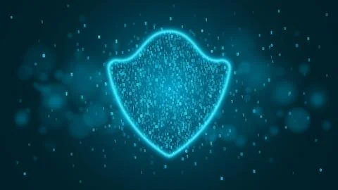 High-tech computer concept. A blue glowing neon shield made of binary code. T 스톡 일러스트