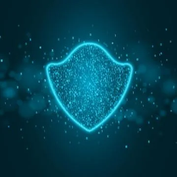 High-tech computer concept. Blue glowing neon shield made of binary code. The Illustrazione stock