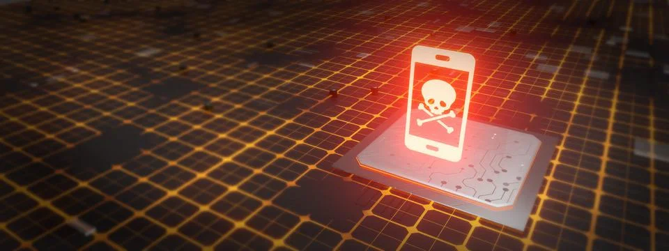 High-tech computer concept. A red glowing neon skull with mobile phone from a Illustrazione stock