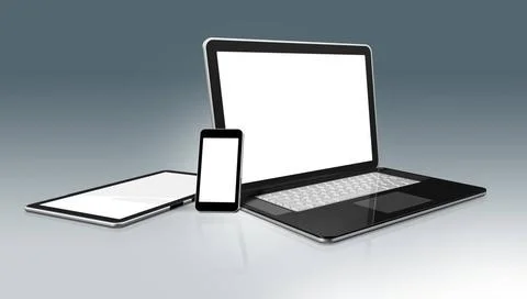 High Tech computer set. Laptop, mobile phone and digital tablet pc 3D High... Stock Photos