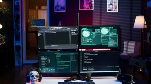 High tech computer system running malicious code in empty apartment Stock Footage 275862380