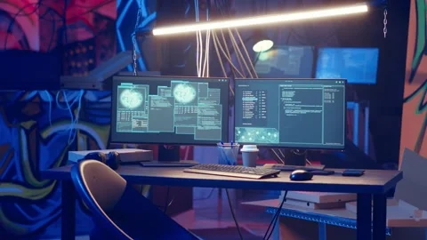 High tech computer system running malicious code in empty basement Stock Footage 319548686