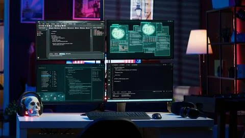 High tech computer system running malicious code in empty apartment Stock Photos