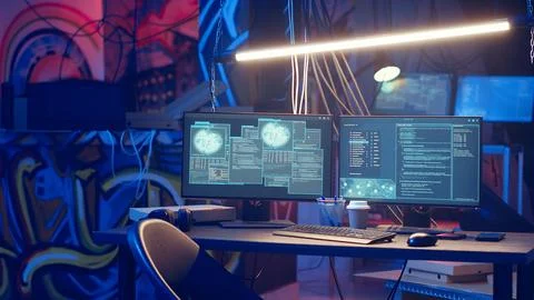 High tech computer system running malicious code in empty basement Stock Photos