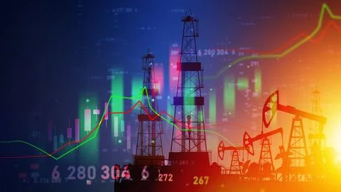 A high-tech conceptual illustration featuring silhouettes of oil derricks Illustrazione stock