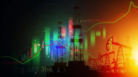 A high-tech conceptual illustration featuring silhouettes of oil derricks. Illustrazione stock
