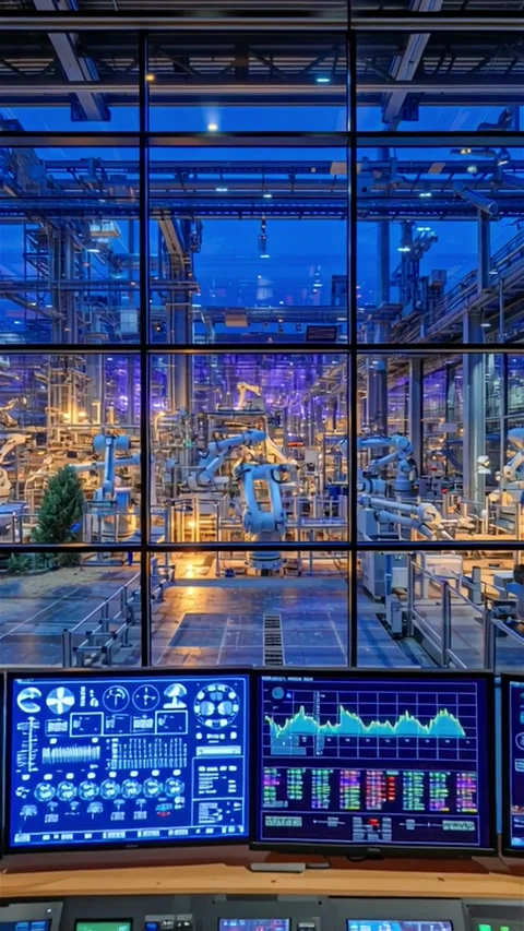 High-Tech Control Room Overlooking Smart Factory Robotics in Operation Stock Footage 313386432