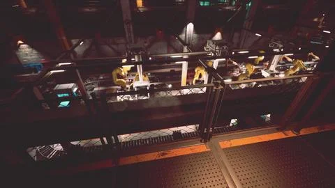 High tech conveyor system in a factory assembly line during the evening shift Stock Illustration
