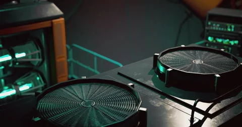 High tech cooling system setup in a modern computing lab during evening hours Stock Footage 307757287